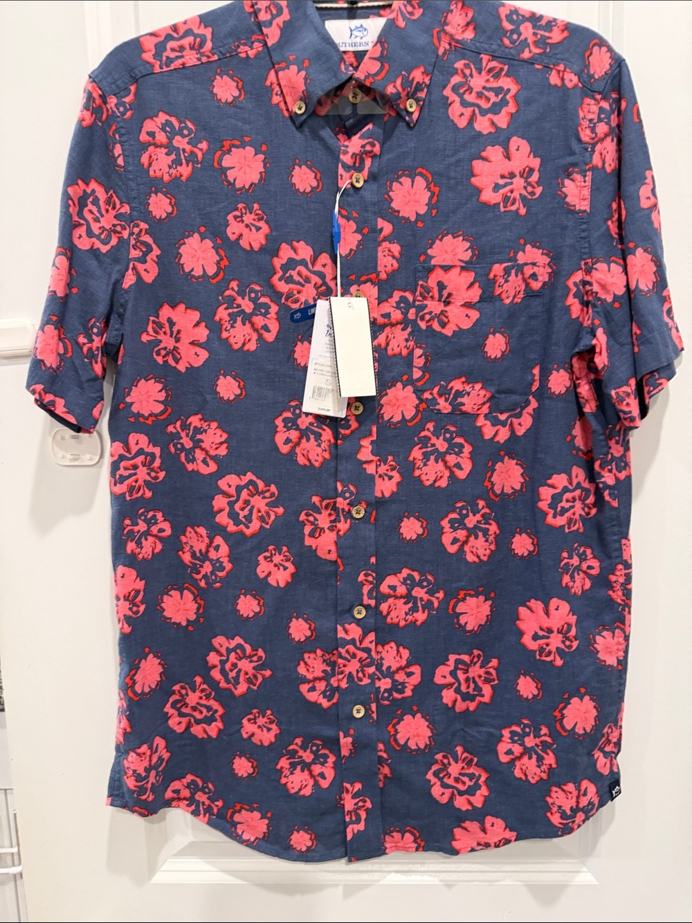 Southern Tide Navy Shirt with Bright Coral Floral Print